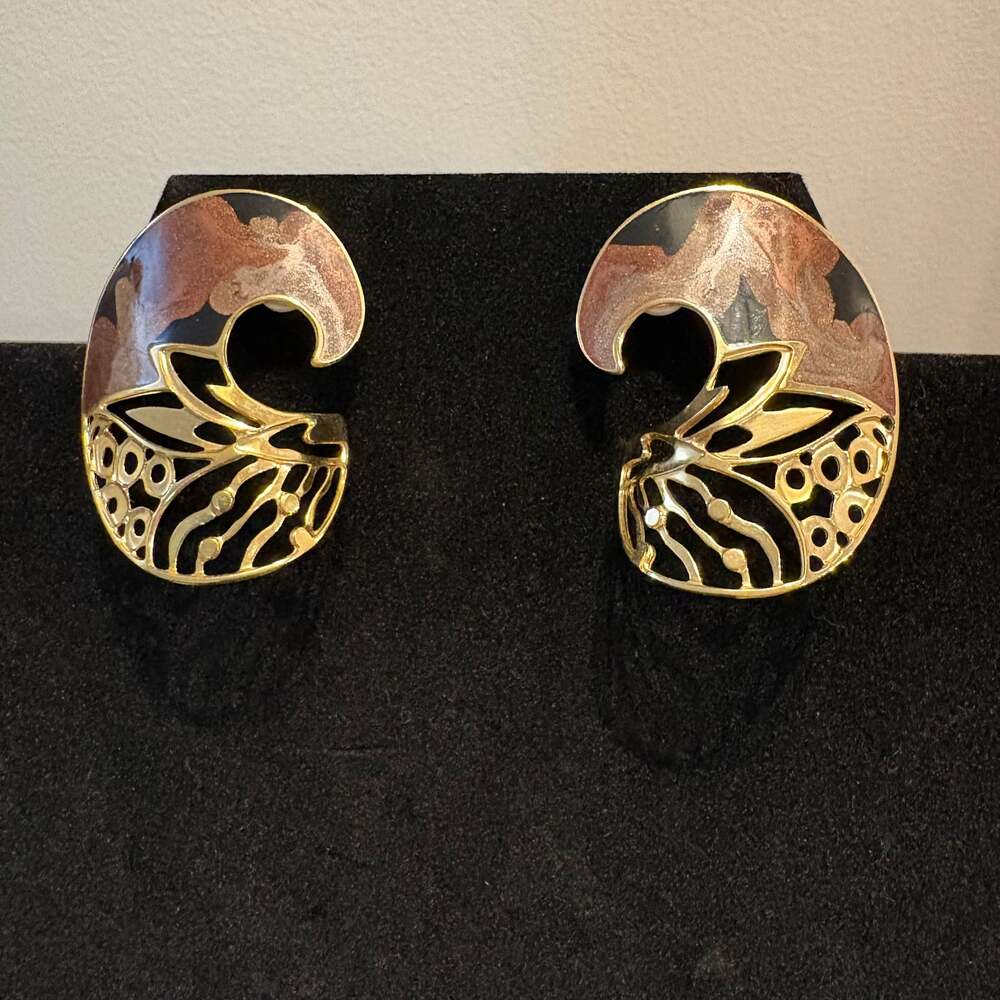Vintage Edgar Berebi Designer Enamel and Goldtone Filigree Statement Earrings